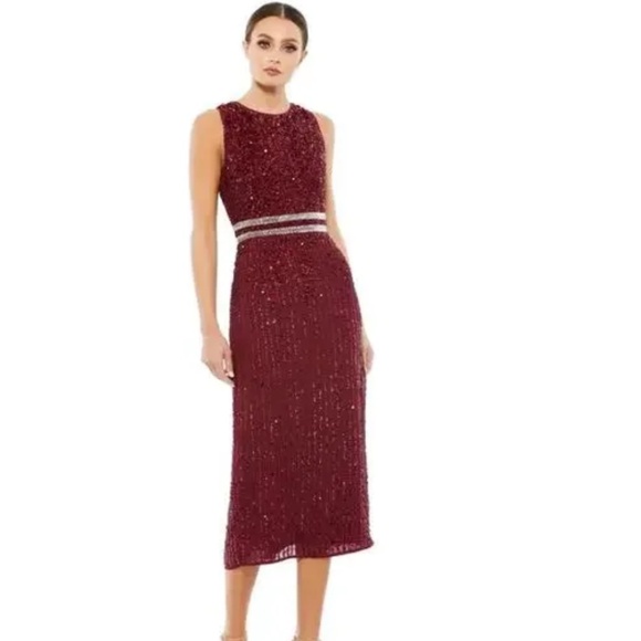 NWT MAC DUGGAL 10509 (14) Burgundy Sleeveless High Neck Beaded Midi Sheath Dress - Picture 1 of 7